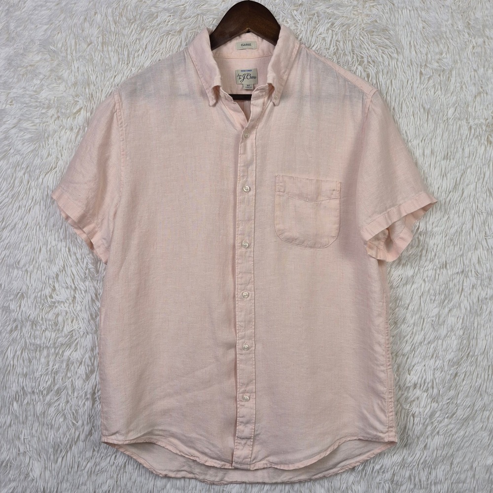 J.Crew Mens Baird McNutt Irish Linen Short Sleeve Shirt Peach Pink Classic Fit M